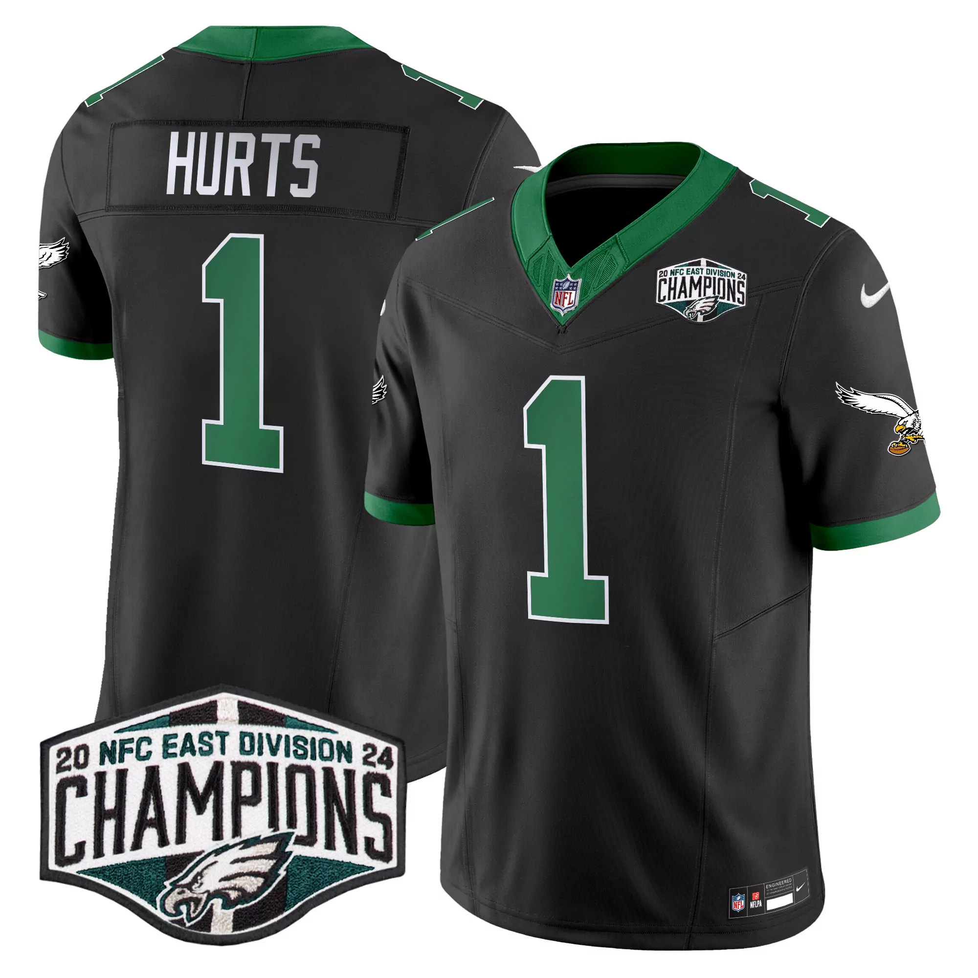 jalen hurts black mens philadelphia eagles jerome brown patch kelly green alternate jersey v2 all stitched