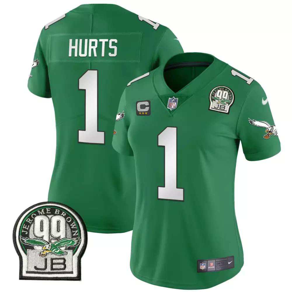Jalen Hurts Philadelphia Eagles Women's Jerome Brown Patch Kelly Green Alternate Jersey V2 | Stitched Fan Gear for Women