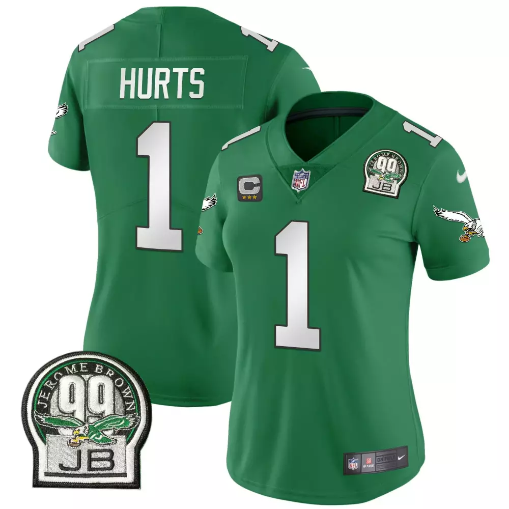 Jalen Hurts Philadelphia Eagles Women's Jerome Brown Patch Kelly Green Alternate Jersey V2 | Stitched Fan Gear for Women