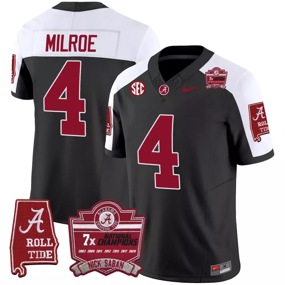 jalen milroe black alternate mens alabama crimson tide nick saban 7x champions patch vapor jersey all stitched