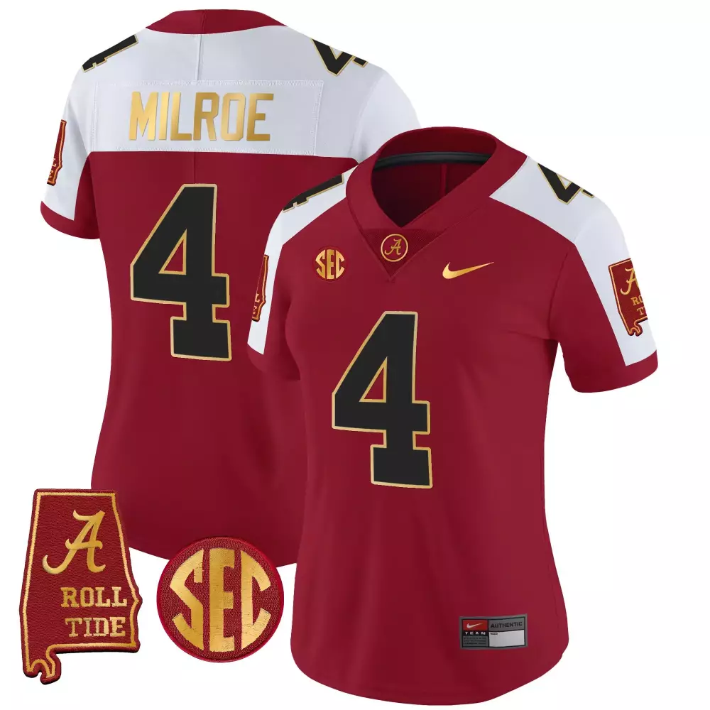 Jalen Milroe Crimson Alternate Women's Alabama Crimson Tide Gold Trim Vapor Jersey V2 | Stitched Fan Gear | For Men, Women & Youth
