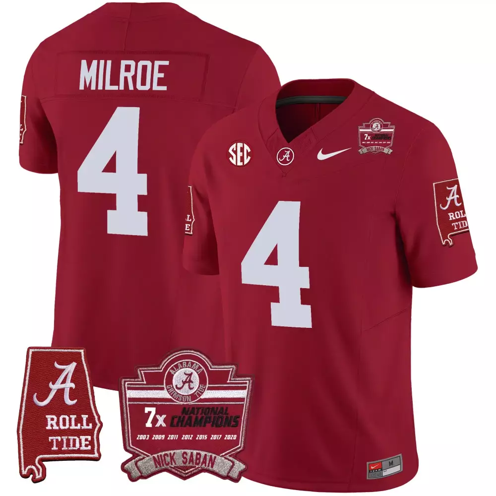 Jalen Milroe Alabama Crimson Tide 7x Champions Patch Vapor Jersey | Stitched Crimson | Limited Edition Fan Gear | For Men, Women & Youth