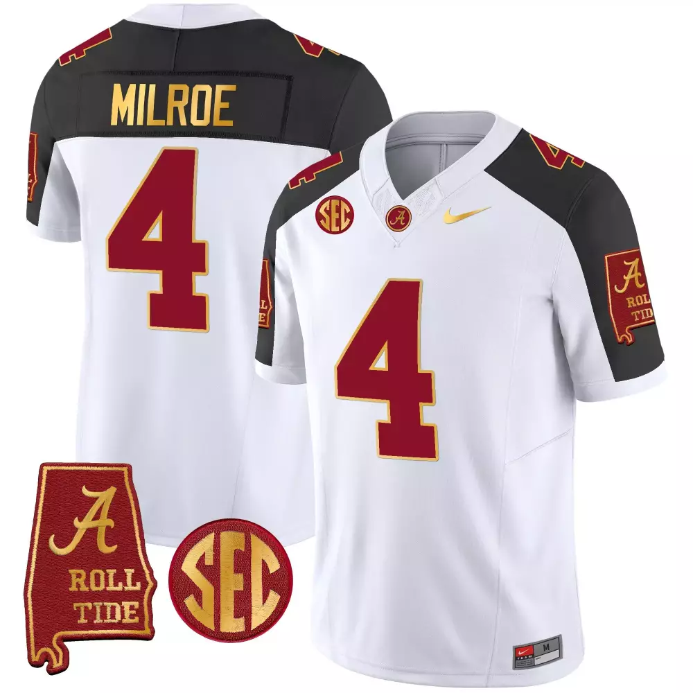Jalen Milroe Alabama Crimson Tide Inverted Gold Trim Vapor Jersey V3 | Stitched Crimson with Alabama Map | Premium Fan Gear | For Men, Women & Youth