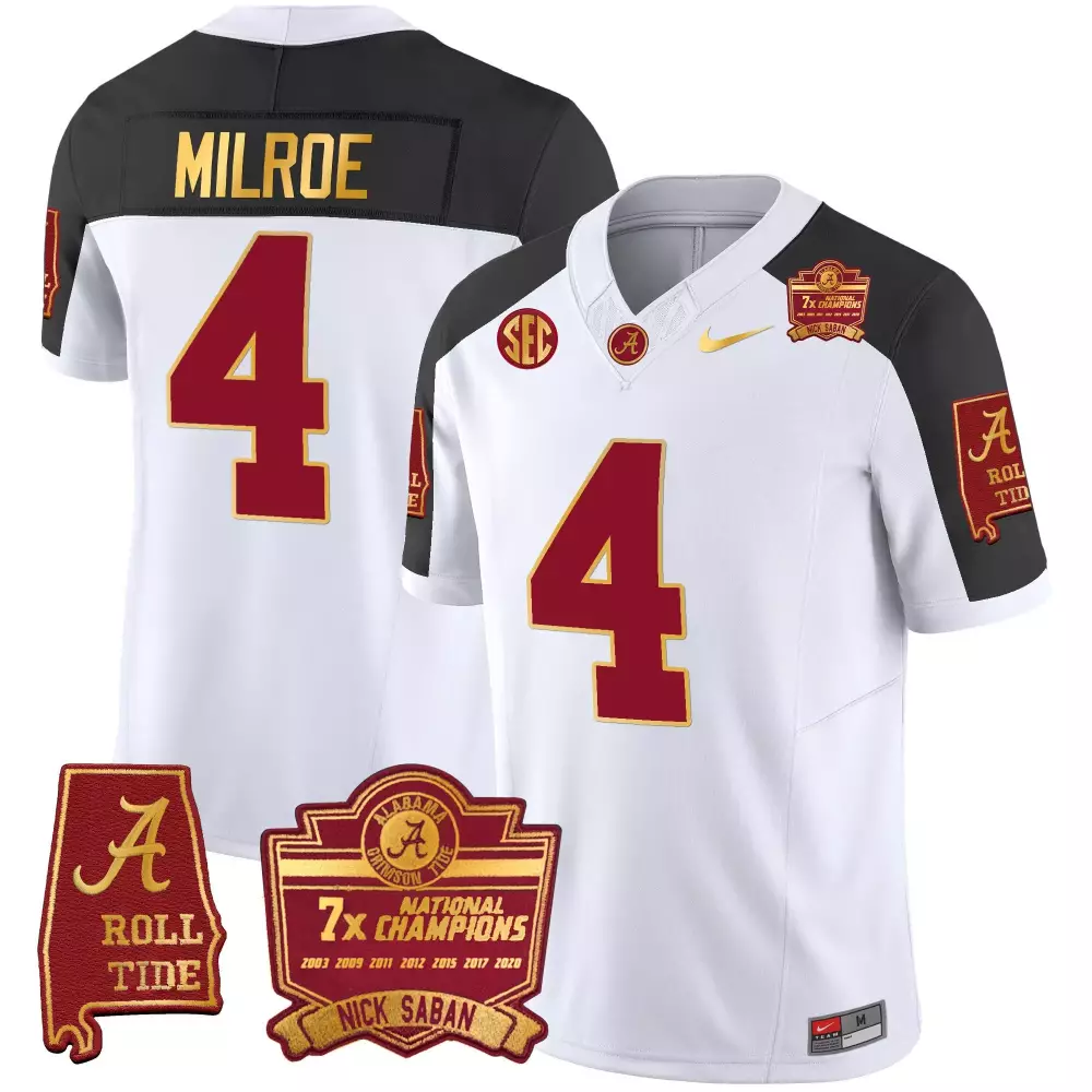 jalen milroe inverted youths alabama crimson tide nick saban 7x champions patch gold trim jersey all stitched