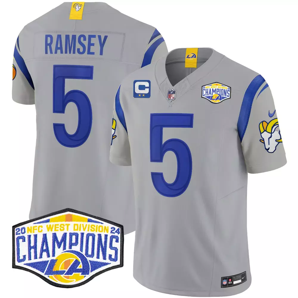 jalen ramsey gray mens los angeles rams 2024 nfc west division champions vapor limited jersey all stitched
