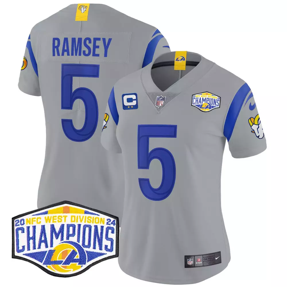 jalen ramsey gray mens los angeles rams 2024 nfc west division champions vapor limited jersey all stitched
