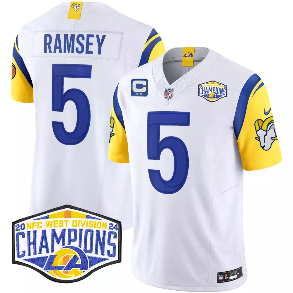 Jalen Ramsey White Men's Los Angeles Rams 2024 NFC West Division Champions Vapor Limited Jersey | Stitched Fan Gear | For Men, Women & Youth