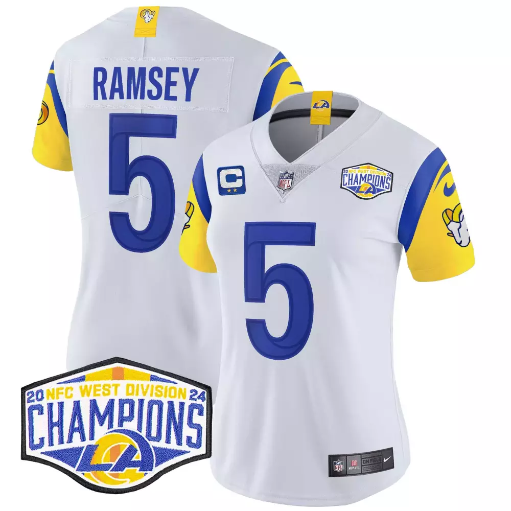 Jalen Ramsey White Women's Los Angeles Rams 2024 NFC West Division Champions Vapor Limited Jersey | Stitched Fan Gear | For Men, Women & Youth