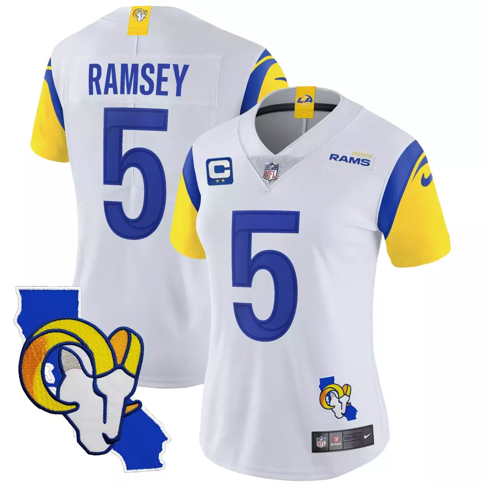 jalen ramsey white womens los angeles rams california patch vapor limited jersey all stitched
