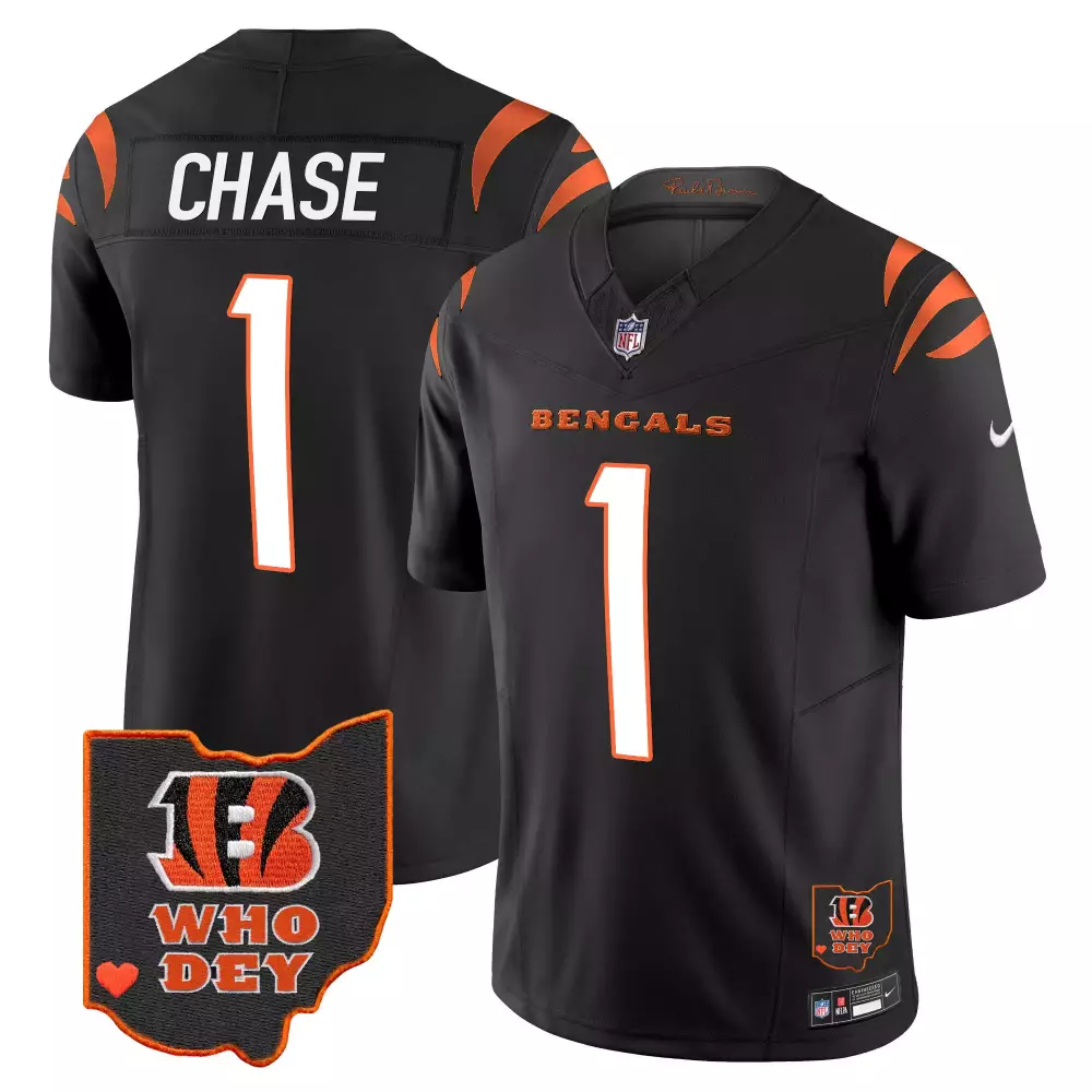 Jamarr Chase Cincinnati Bengals Ohio Patch Black Vapor Limited Jersey V2 | Stitched Fan Gear | For Men, Women & Youth