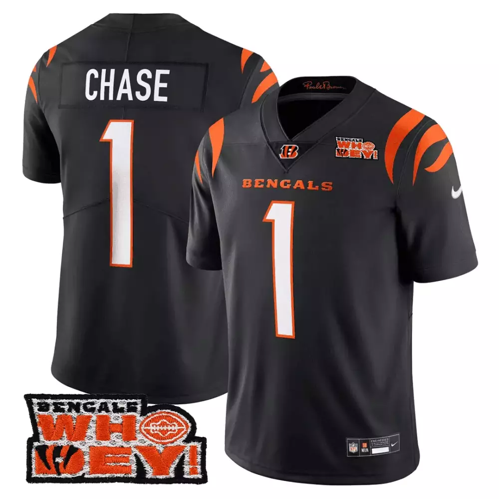 Jamarr Chase Cincinnati Bengals Who Dey Patch Black Jersey | Stitched Fan Gear | For Men, Women & Youth