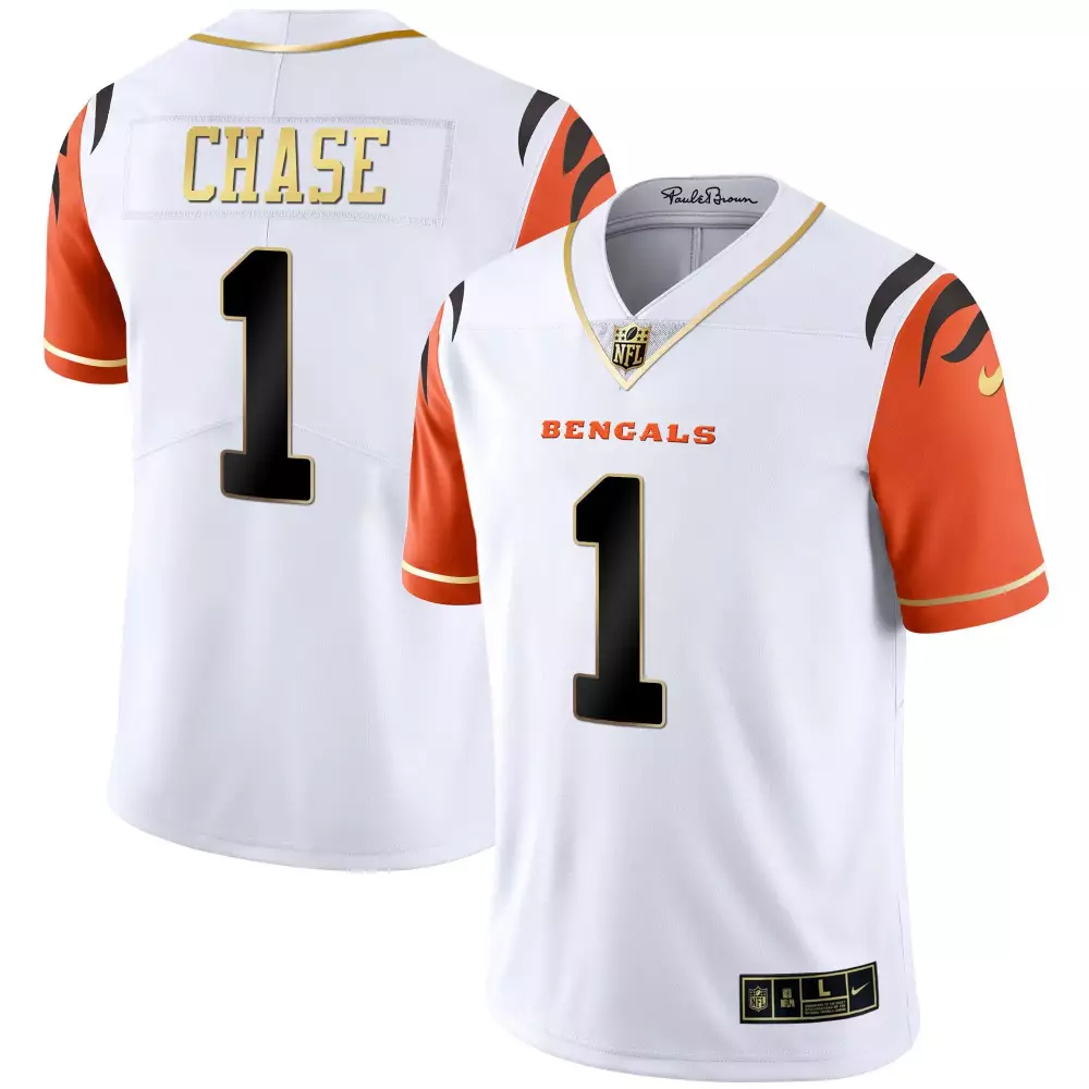 Jamarr Chase Cincinnati Bengals Orange Sleeves Vapor Jersey | Black Gold White Gold | Stitched | For Men, Women & Youth