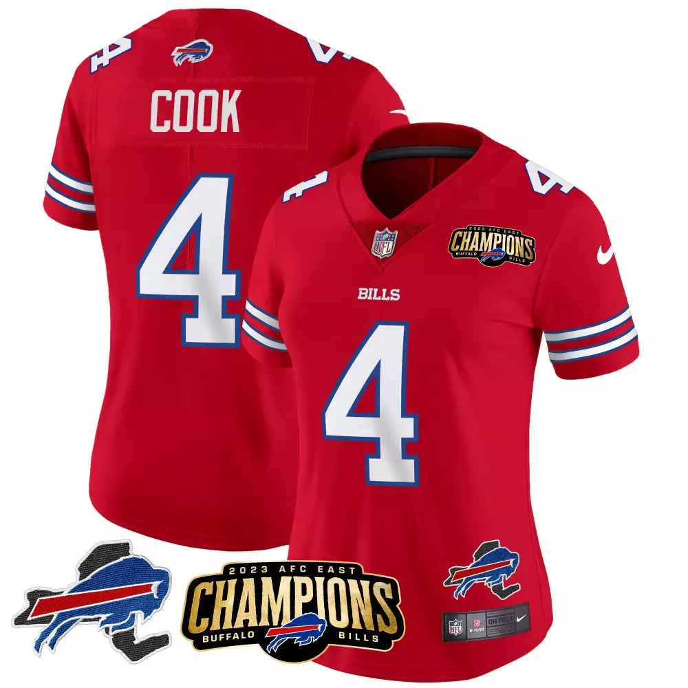 james cook red womens buffalo bills 2023 afc east champions patch gold vapor jersey v2 all stitched