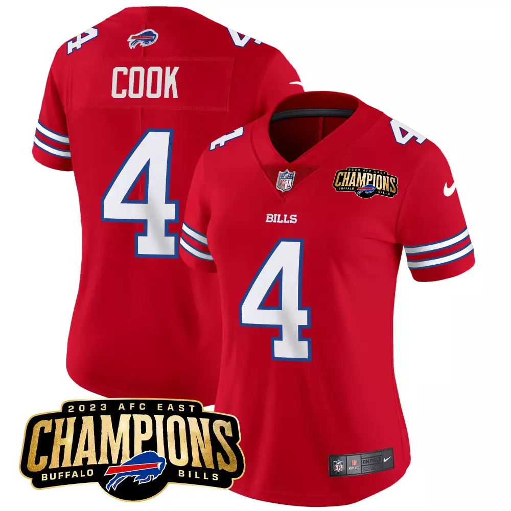 james cook red womens buffalo bills 2023 afc east champions patch gold vapor jersey v2 all stitched