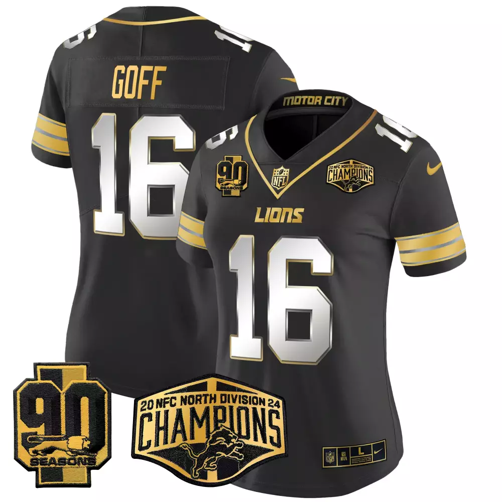 jared goff black limited womens detroit lions 2024 michigan 90th year patch gold vapor limited jersey all stitched
