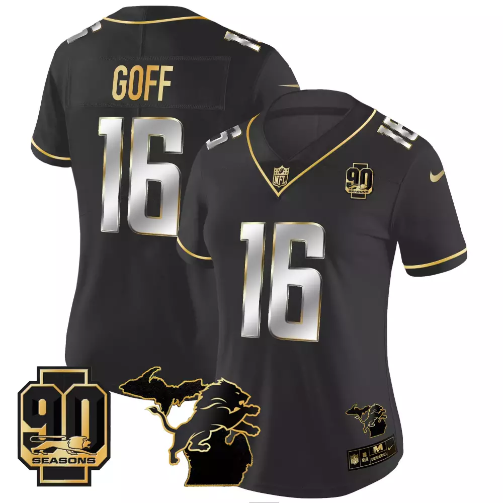 jared goff black limited womens detroit lions 2024 michigan 90th year patch gold vapor limited jersey all stitched
