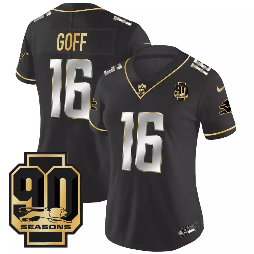jared goff black limited womens detroit lions 2024 michigan 90th year patch gold vapor limited jersey all stitched