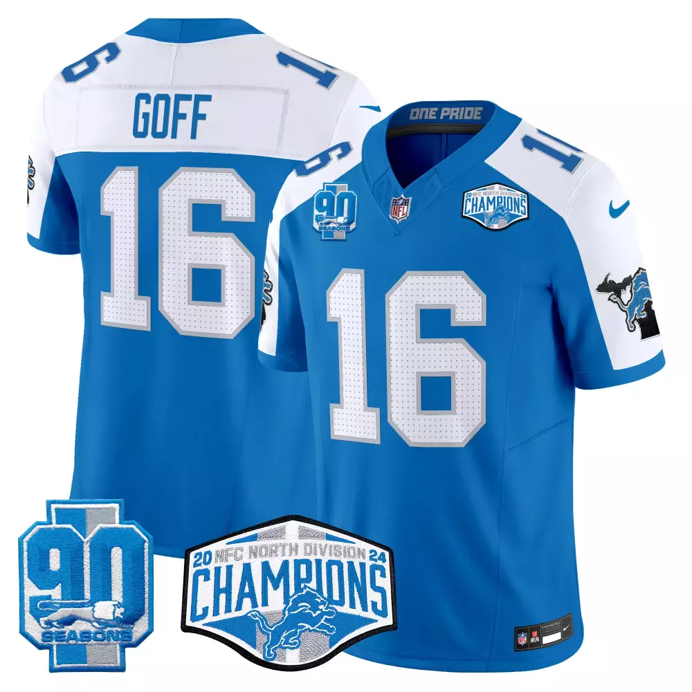 Jared Goff Lions 2024 90th John Madden Patch Blue Vapor Limited Jersey V2 | Stitched Game Gear | For Men, Women & Youth