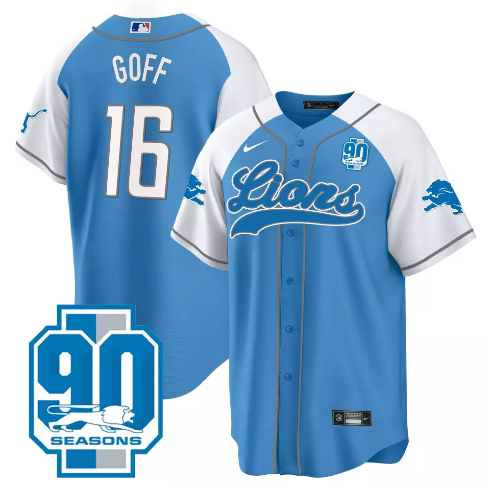 Jared Goff Lions 90th Year Patch Blue Baseball Jersey | Stitched Fan Gear | For Men, Women & Youth