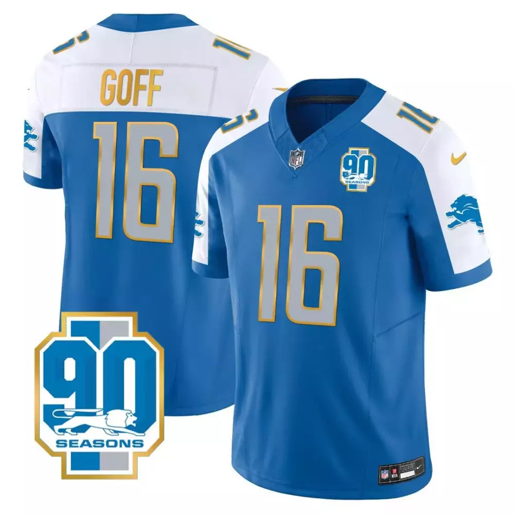 Jared Goff Lions 90th Year Patch Blue Baseball Jersey | Stitched Fan Gear | For Men, Women & Youth