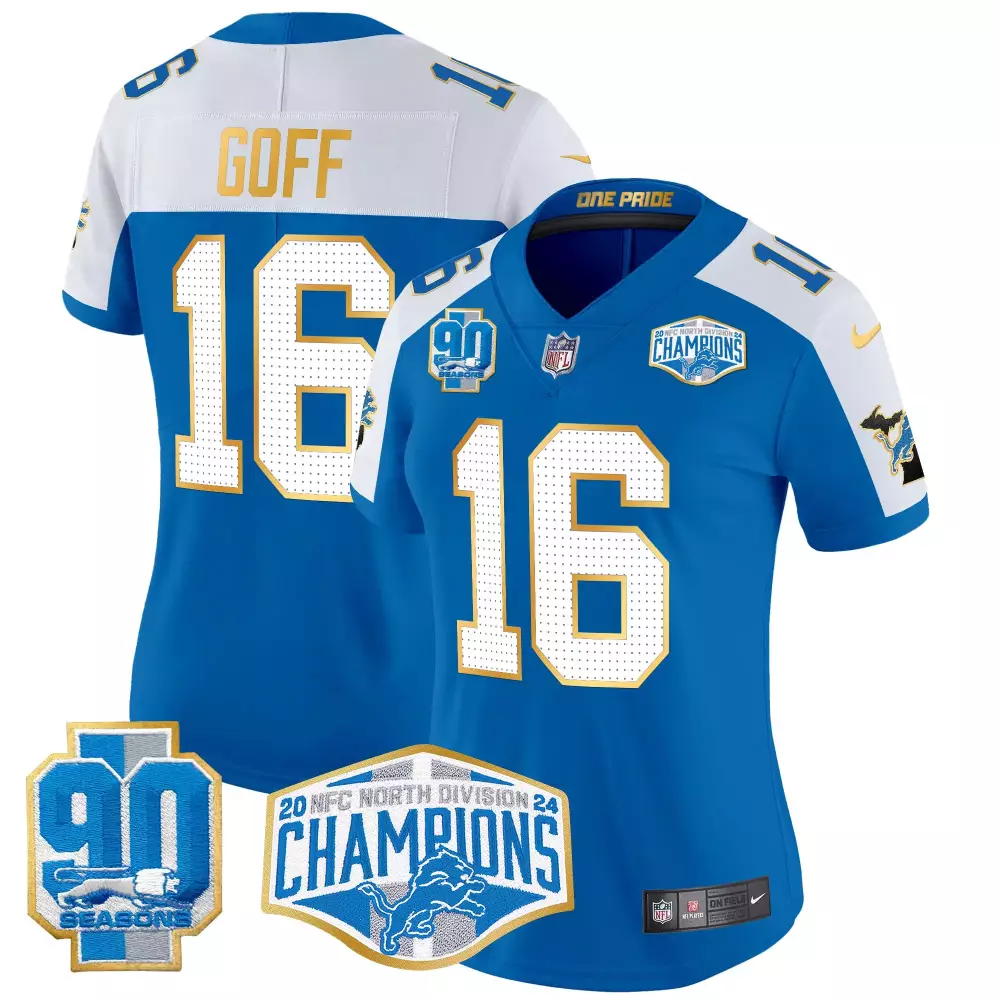 Jared Goff Lions 2024 90th John Madden Patch Blue Vapor Limited Jersey V2 | Stitched Game Gear | For Men, Women & Youth