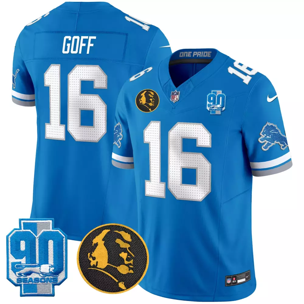 Jared Goff Lions 2024 90th John Madden Patch Blue Vapor Limited Jersey V2 | Stitched Game Gear | For Men, Women & Youth
