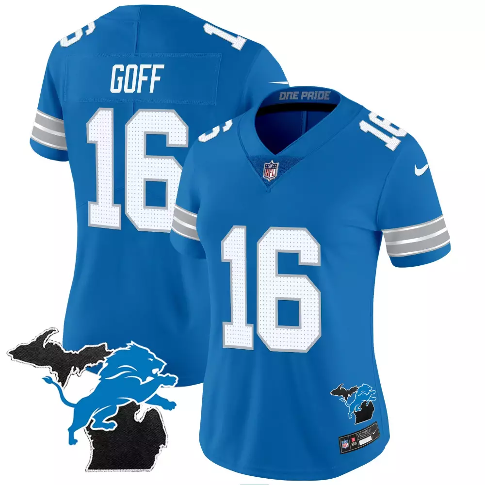 jared goff blue womens detroit lions 2024 michigan 90th year patch vapor jersey all stitched