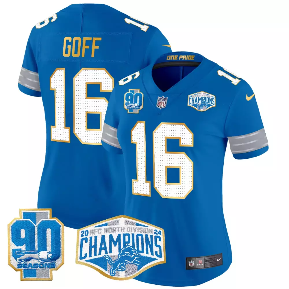 jared goff blue womens detroit lions 2024 michigan 90th year patch vapor jersey all stitched