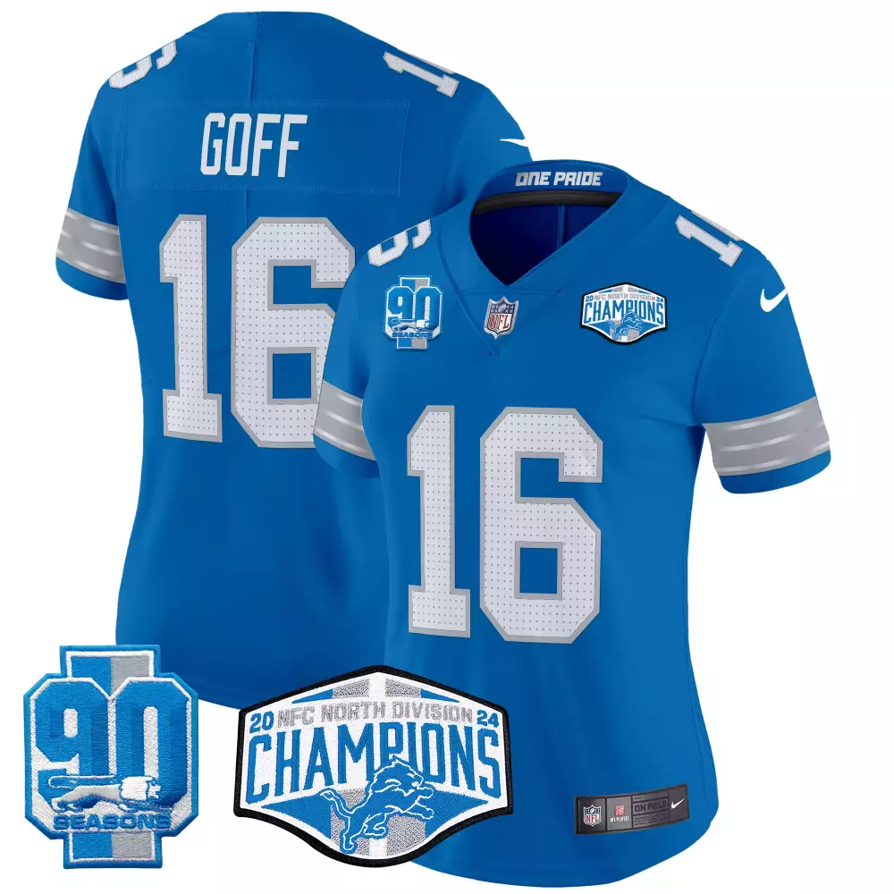 jared goff blue womens detroit lions 2024 michigan 90th year patch vapor jersey all stitched