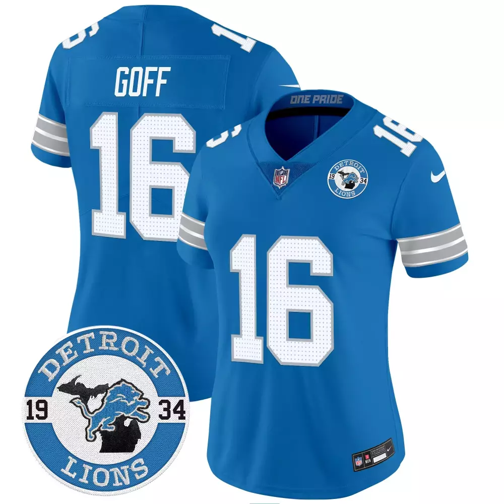 jared goff blue womens detroit lions 2024 michigan 90th year patch vapor jersey all stitched