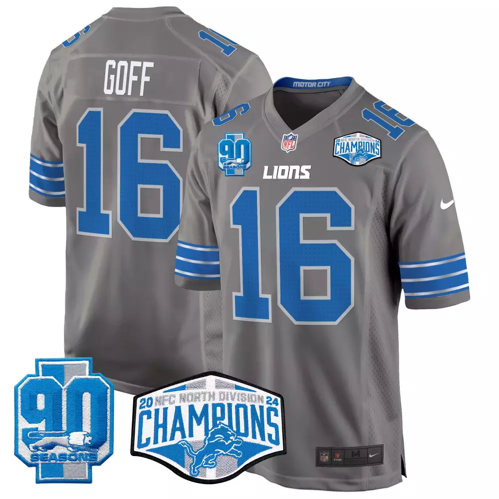 jared goff gray mens detroit lions 2024 nfc north division champions patch game jersey all stitched