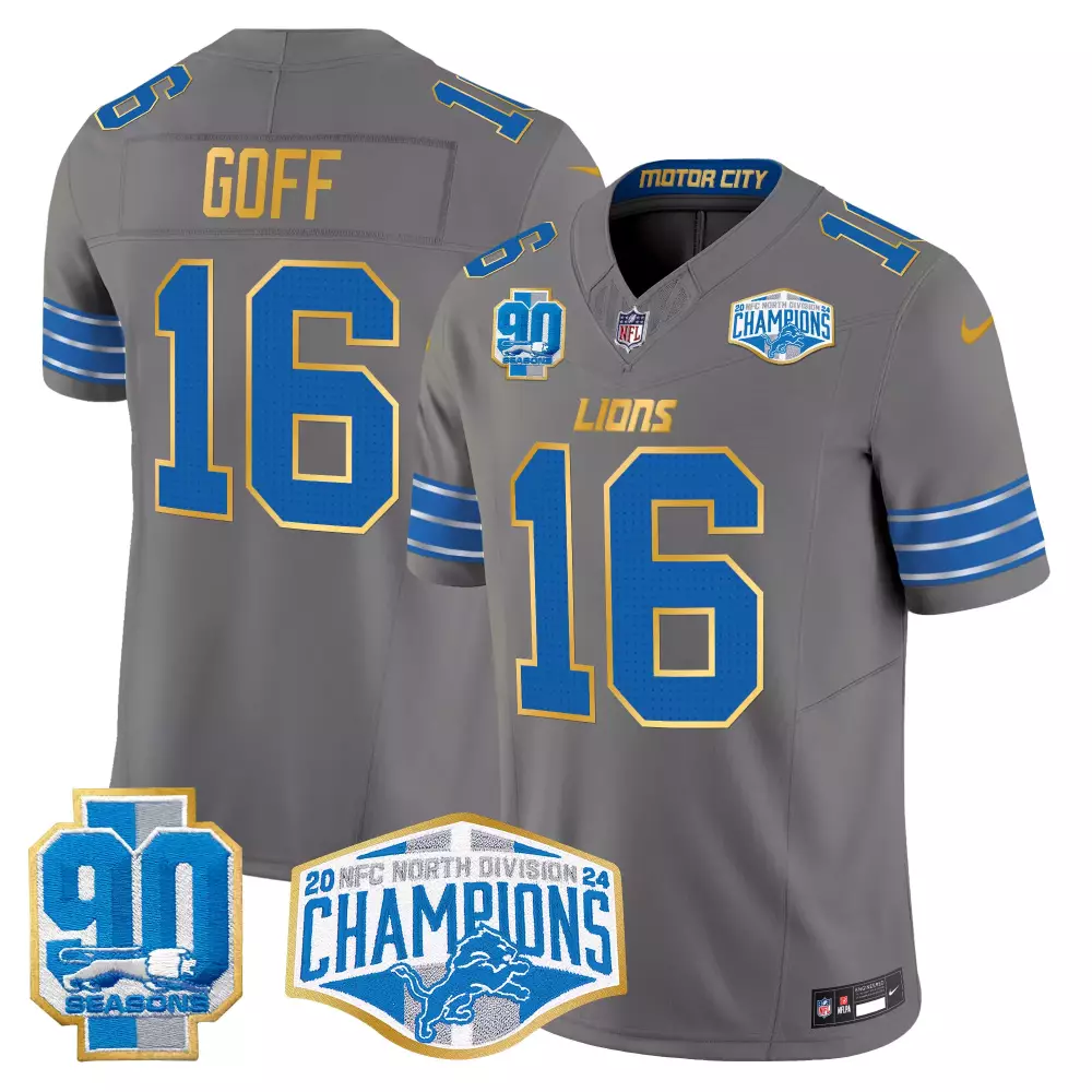 jared goff gray mens detroit lions 2024 nfc north division champions patch game jersey all stitched