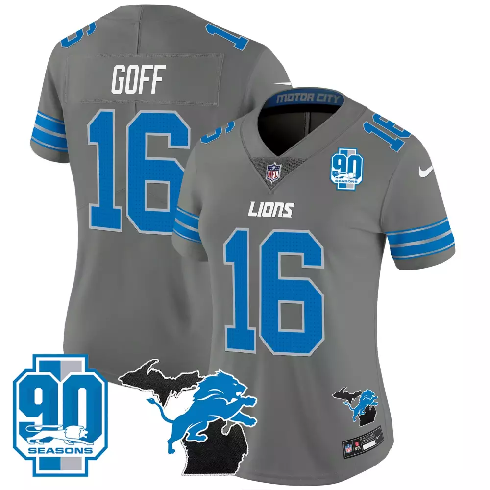 jared goff gray womens detroit lions 2024 michigan 90th year patch vapor jersey all stitched