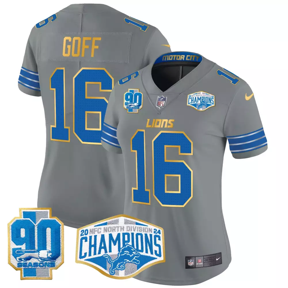 jared goff gray womens detroit lions 2024 michigan 90th year patch vapor jersey all stitched
