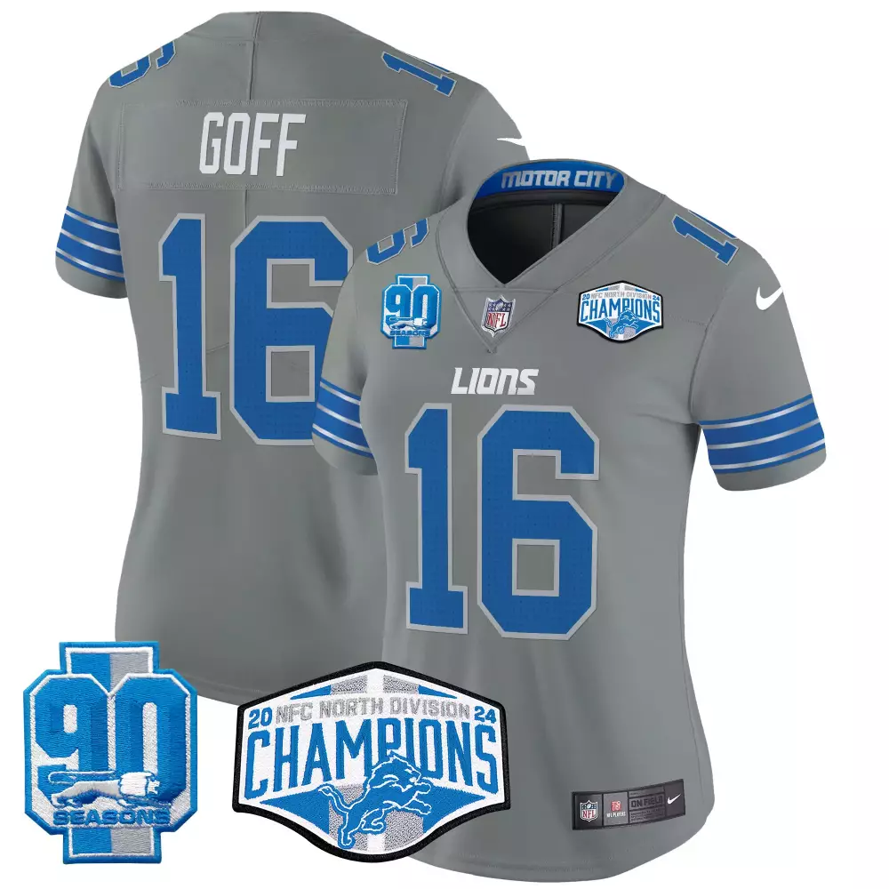jared goff gray womens detroit lions 2024 michigan 90th year patch vapor jersey all stitched