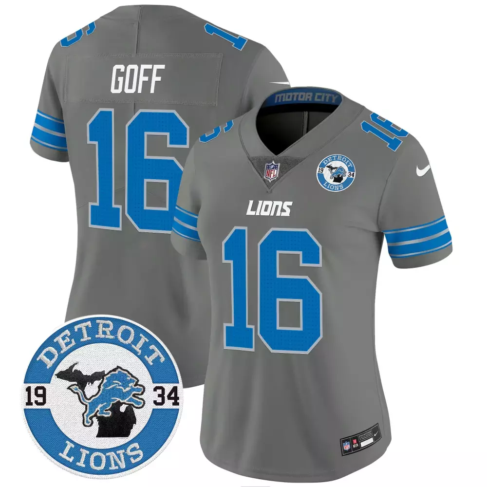 jared goff gray womens detroit lions 2024 michigan 90th year patch vapor jersey all stitched