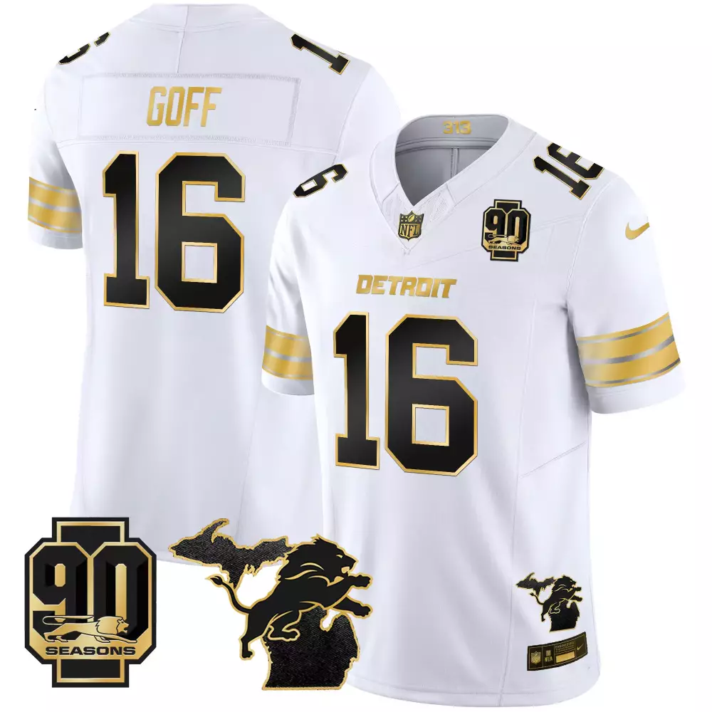 Jared Goff 2024 Michigan 90th Season Patch Jersey | White Gold Vapor Limited Edition | Fan Gear for Men, Women & Youth