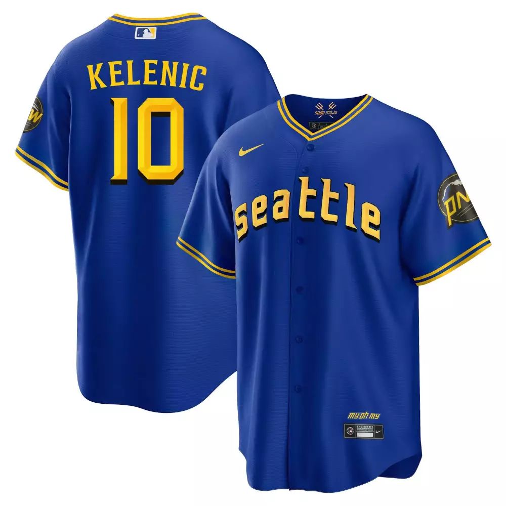 jarred kelenic cool royal mens seattle mariners 2023 city connect gold fan made jersey all stitched