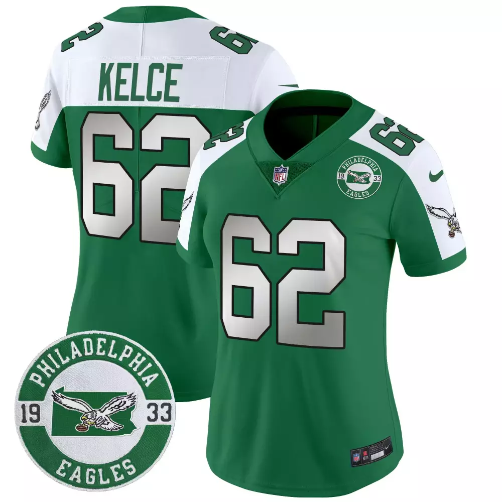 jason kelce kelly alternate womens philadelphia eagles 2024 throwback vapor limited jersey est 1933 patch all stitched