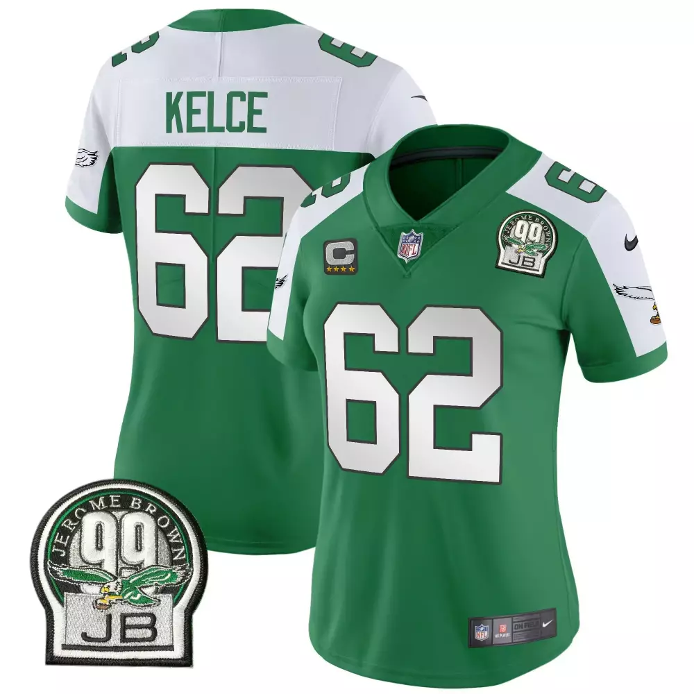 jason kelce kelly alternate womens philadelphia eagles 2024 throwback vapor limited jersey est 1933 patch all stitched