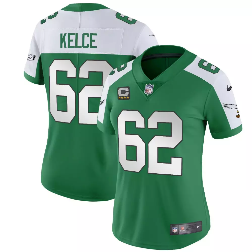 jason kelce kelly alternate womens philadelphia eagles 2024 throwback vapor limited jersey est 1933 patch all stitched