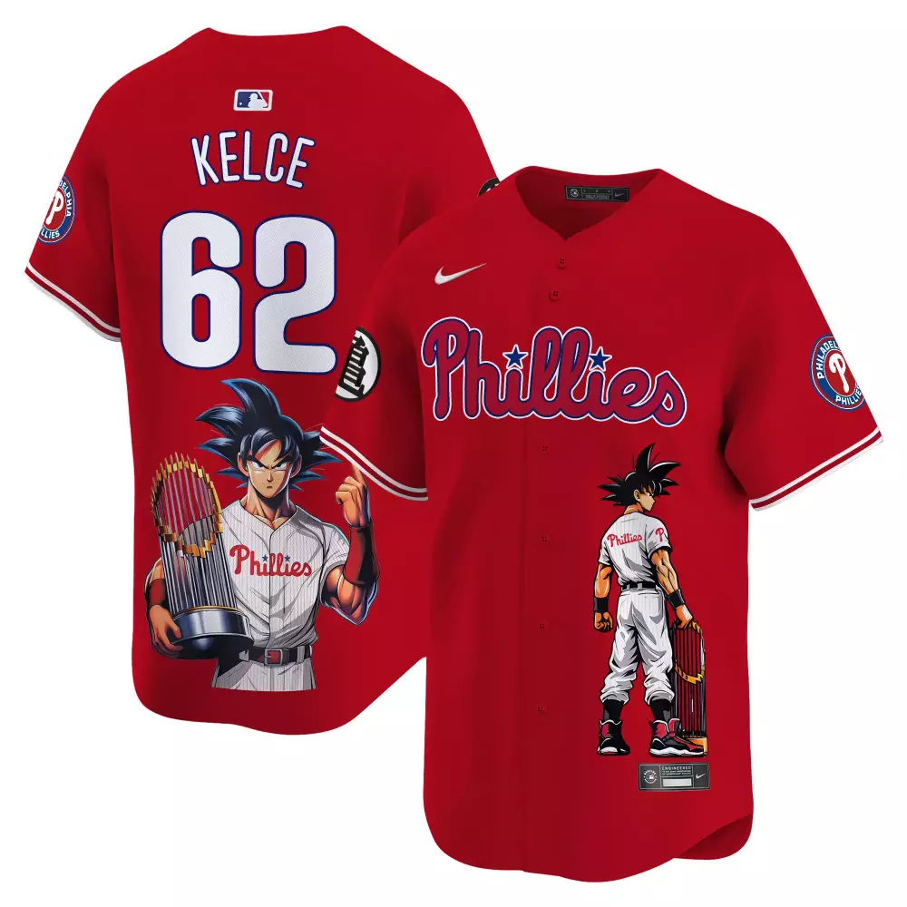 Jason Kelce Dragon Ball Son Goku Phillies Vapor Premier Jersey | Red Printed Limited Edition | Fan Gear for Men, Women & Youth
