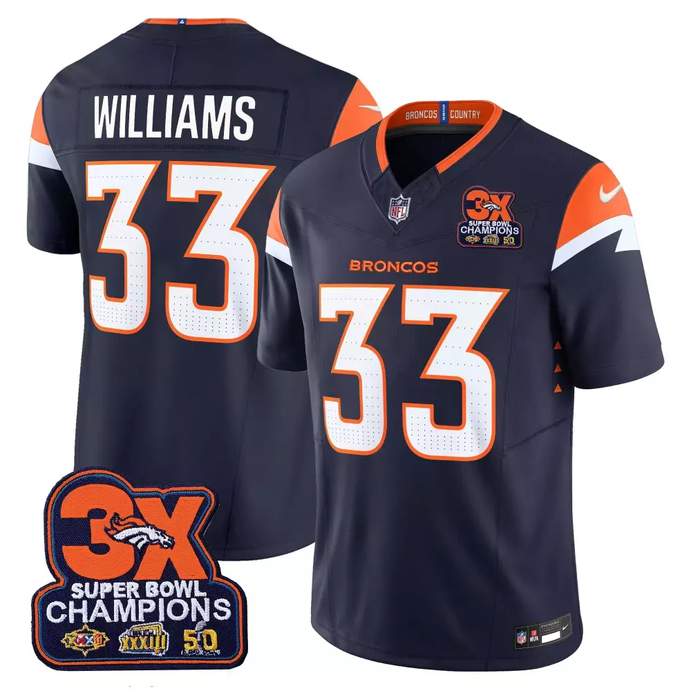 Javonte Williams Navy Men's Denver Broncos Jersey | 3-Time Champions Patch | Vapor Limited Edition | For Men, Women & Youth
