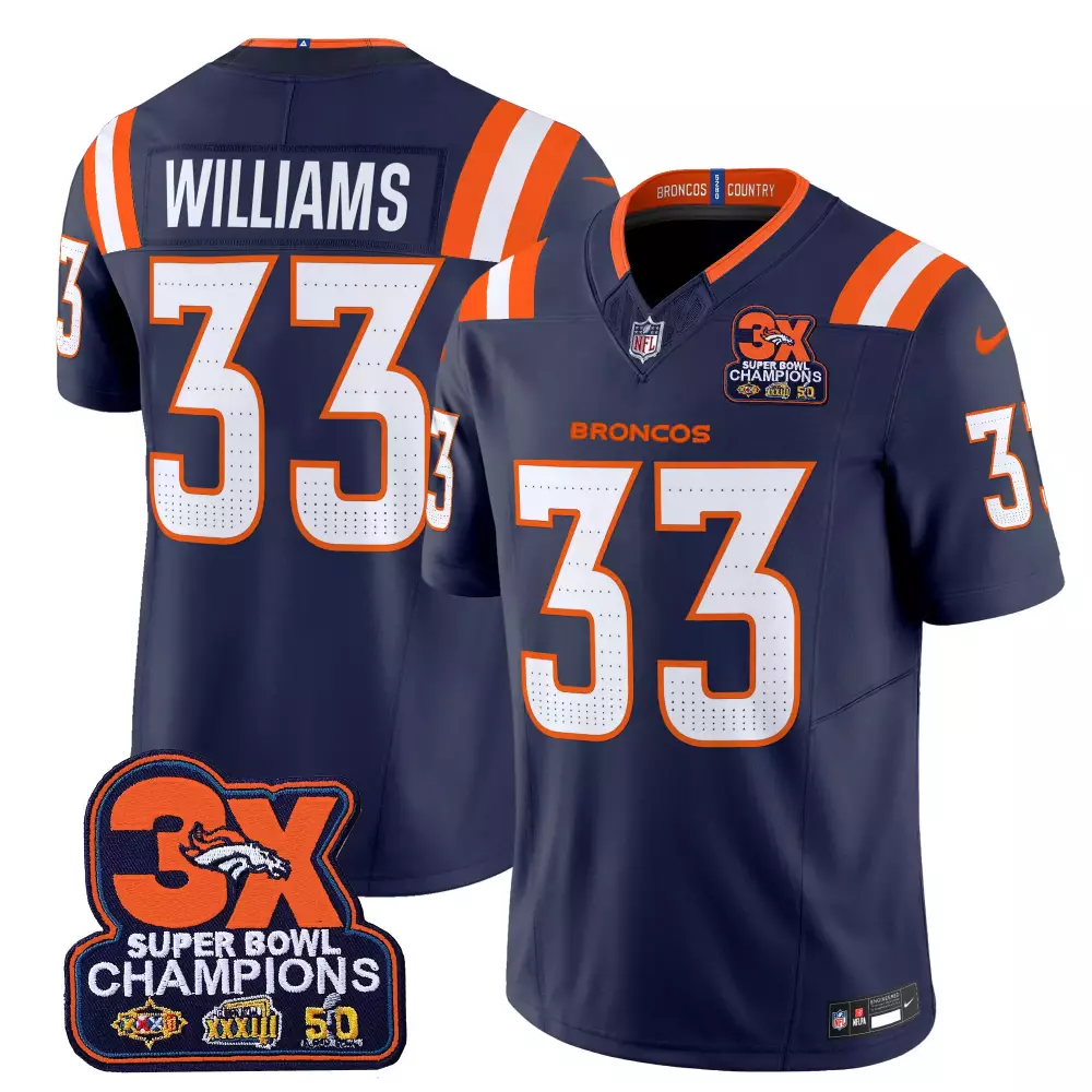 Javonte Williams Navy Men's Denver Broncos Jersey | 3-Time Champions Patch | Vapor Limited Edition | For Men, Women & Youth