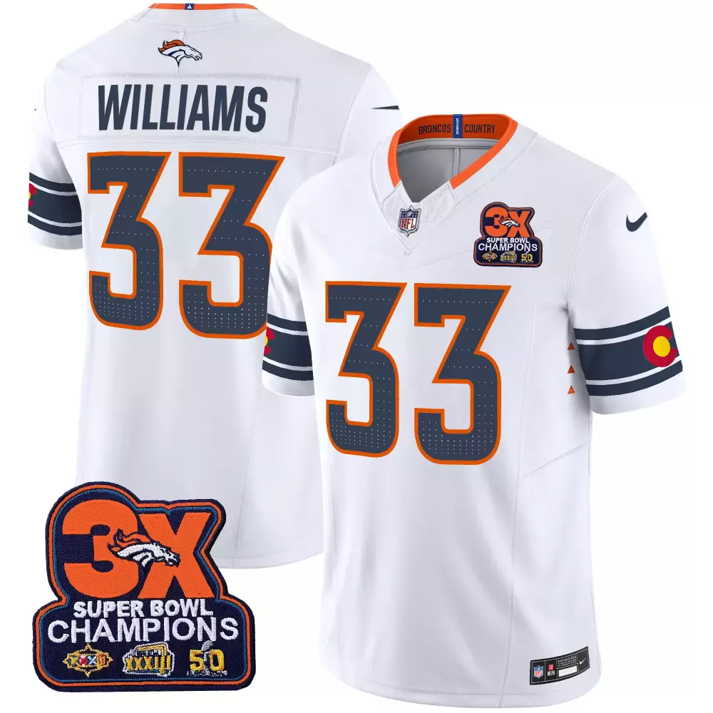 Javonte Williams White Men's Denver Broncos 3-Time Champions Patch Vapor Limited Jersey | Stitched Fan Gear for Men