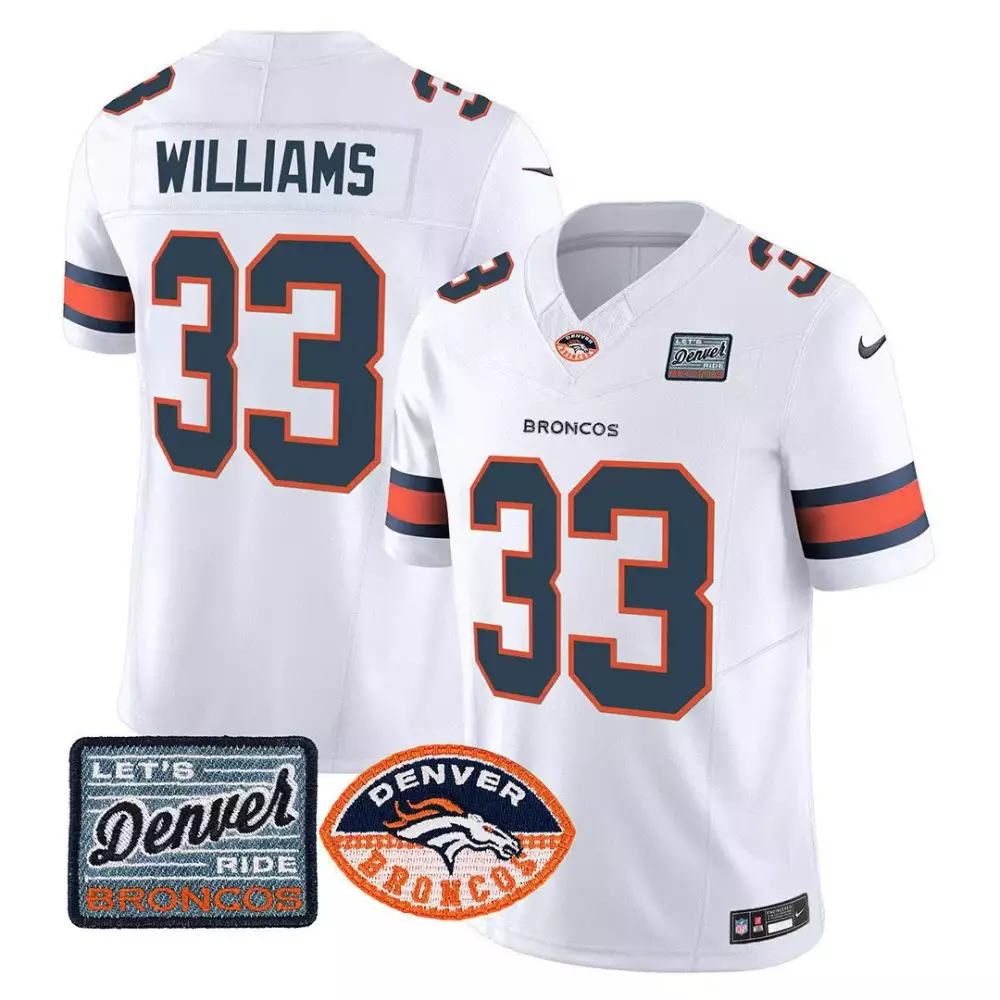 Javonte Williams White Men's Denver Broncos 3-Time Champions Patch Vapor Limited Jersey | Stitched Fan Gear for Men