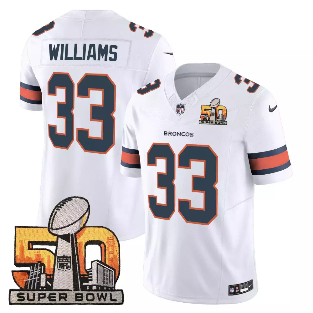 Javonte Williams White Men's Denver Broncos 3-Time Champions Patch Vapor Limited Jersey | Stitched Fan Gear for Men