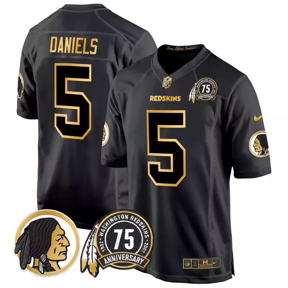 jayden daniels black gold mens washington redskins 75th patch throwback gold game jersey all stitched