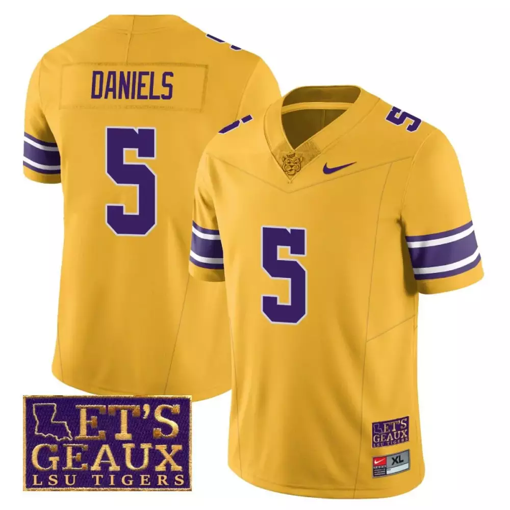 jayden daniels yellow mens lsu tigers 2023 football lets geaux patch jersey all stitched