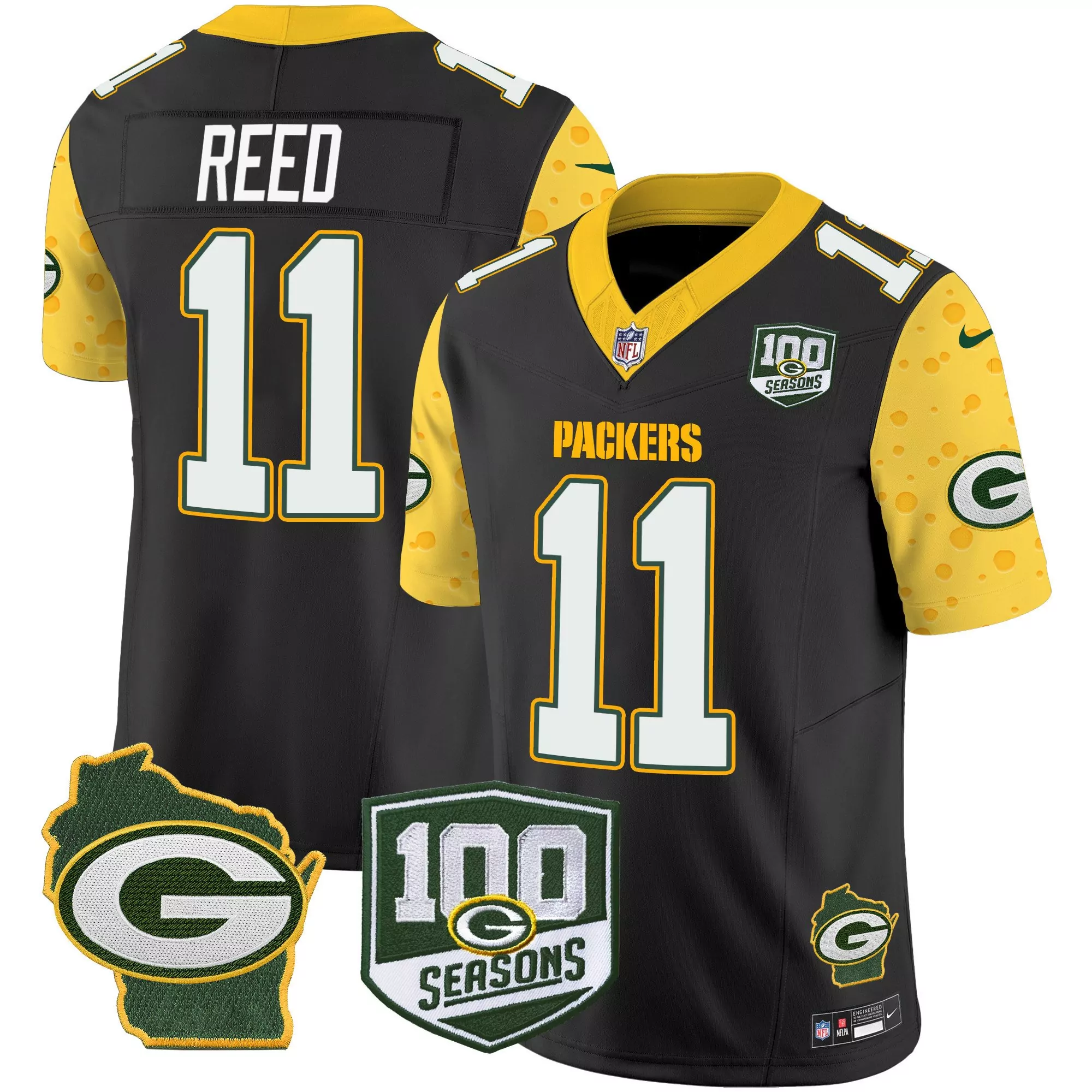 jayden reed black mens green bay packers 100th season home patch cheese vapor limited jersey all stitched